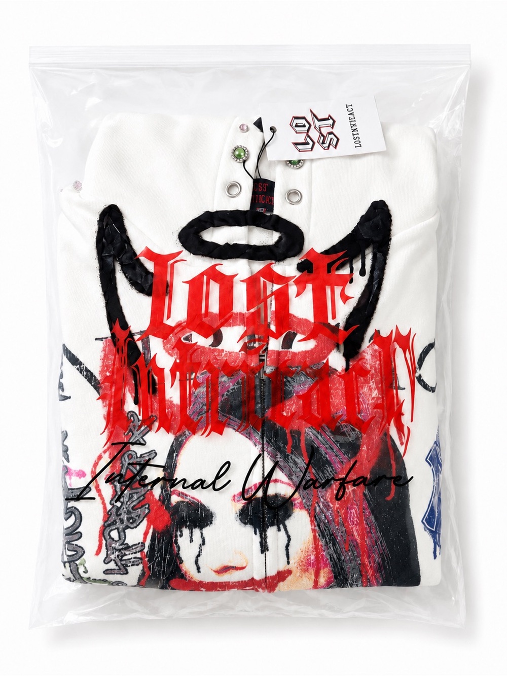 Lost Intricacy White Graphic Zip Hoodie with Multicolor Stud Accents🔥 - Picture 4 of 4